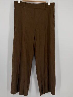 Vince Dark Green Linen Blend Wide Leg Pull On Pants Relaxed Fit Size Large